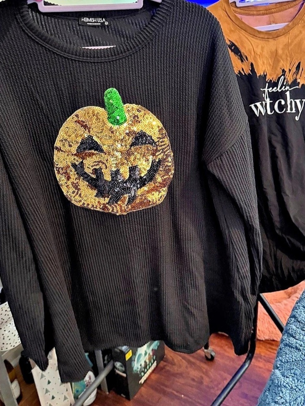 Heimish USA 1X Sequin Pumpkin Halloween Black Waffle Knit Oversized Top